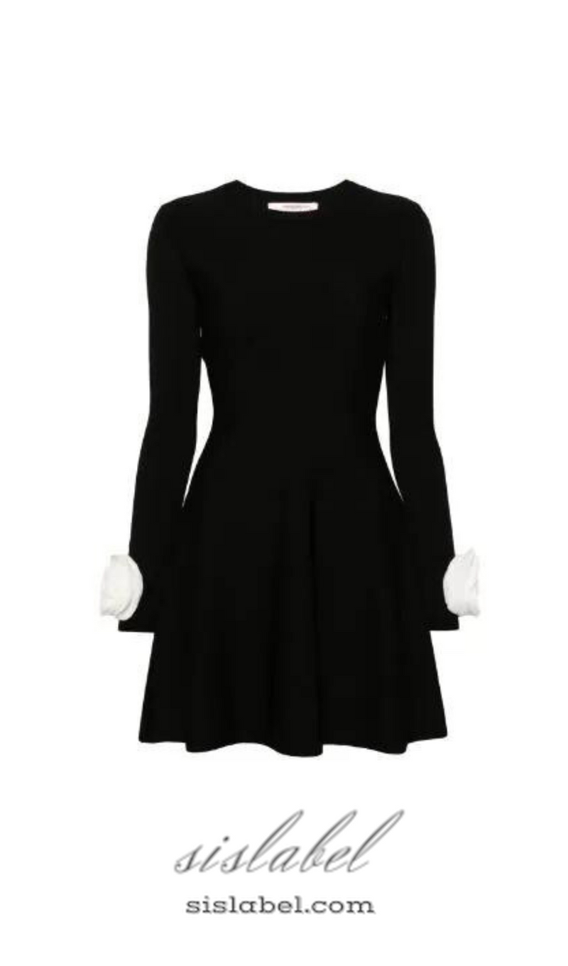 CHERYL 3D FLOWER ROUND NECK LONG SLEEVE BLACK MINI DRESS