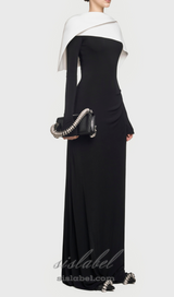 black maxi dress with draped asymmetrical shoulder pleat