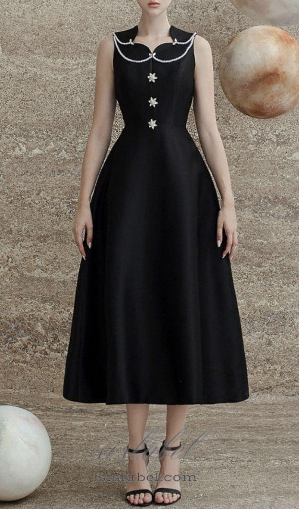 PEARL EMBELLISHED A LINE MIDI DRESS IN BLACK