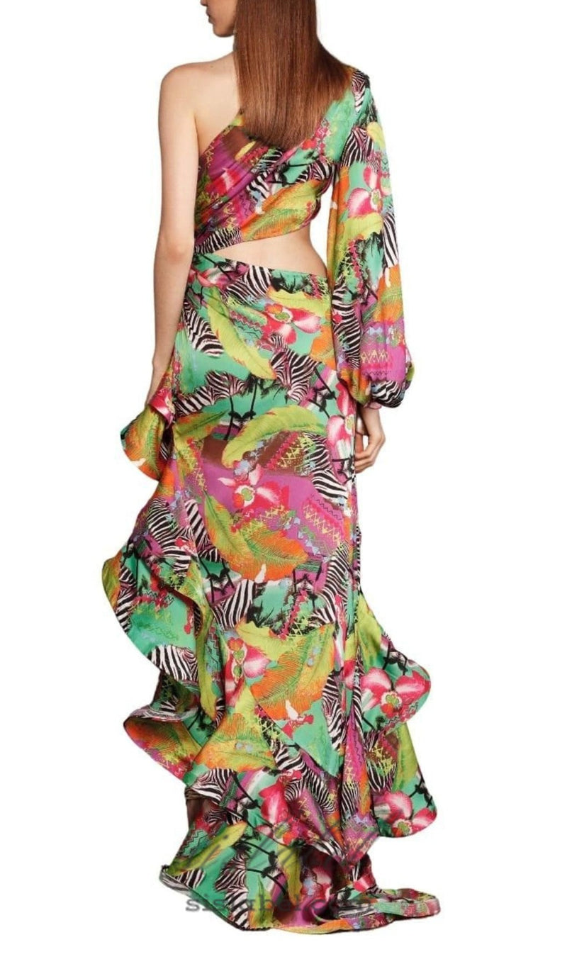 ONE SHOULDER RUFFLR TRIM PRINTED MAXI DRESS