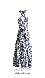 CAROLINE SLEEVELESS RUFFLED PRINT HALTER MAXI DRESS