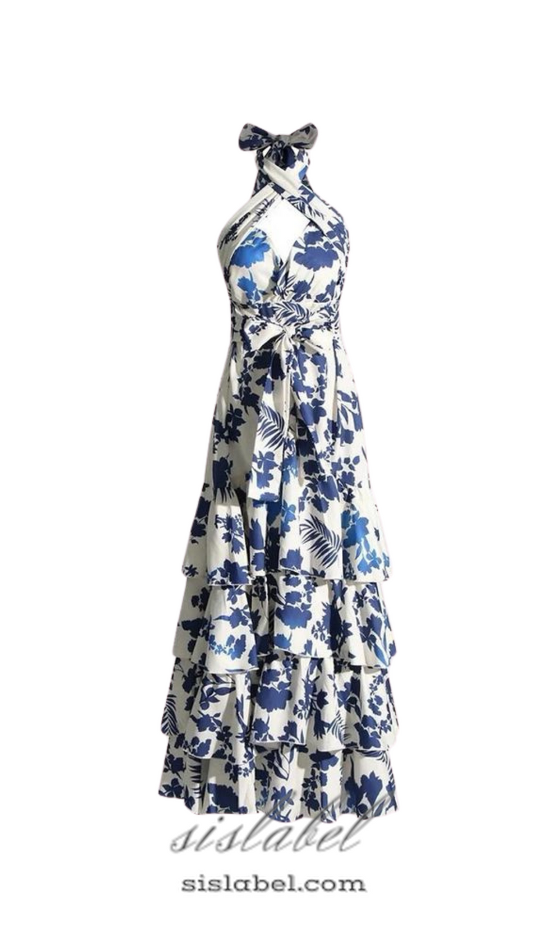 CAROLINE SLEEVELESS RUFFLED PRINT HALTER MAXI DRESS