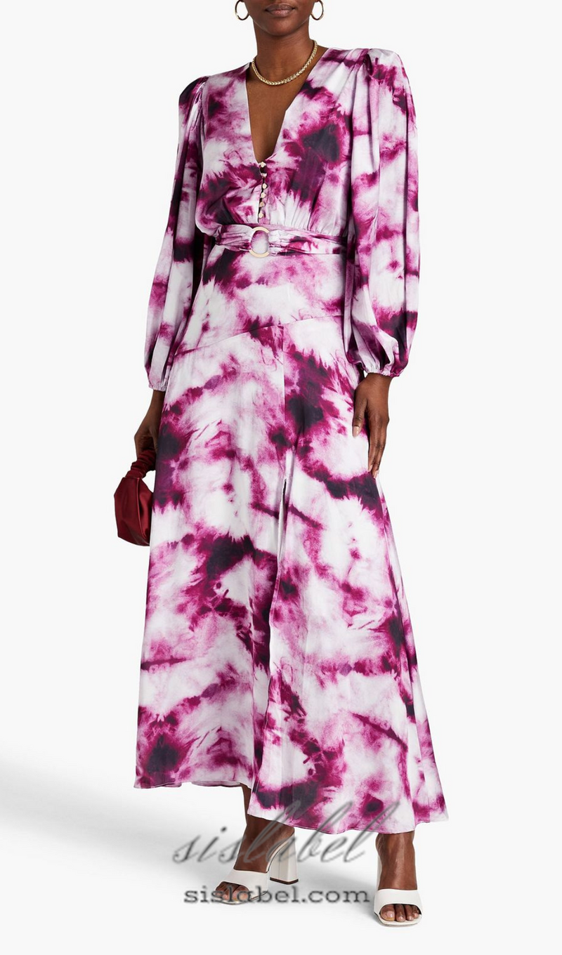 SUSANNA FUCHSIA BELTED TIE-DYED SATIN MAXI DRESS