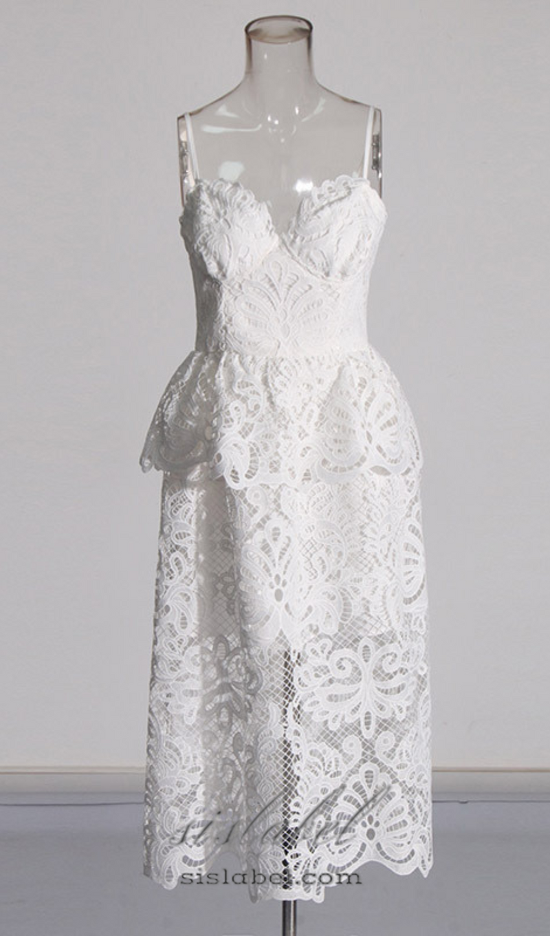 EVELYN CUT OUT LACE LAYERING MIDI DRESS IN WHITE