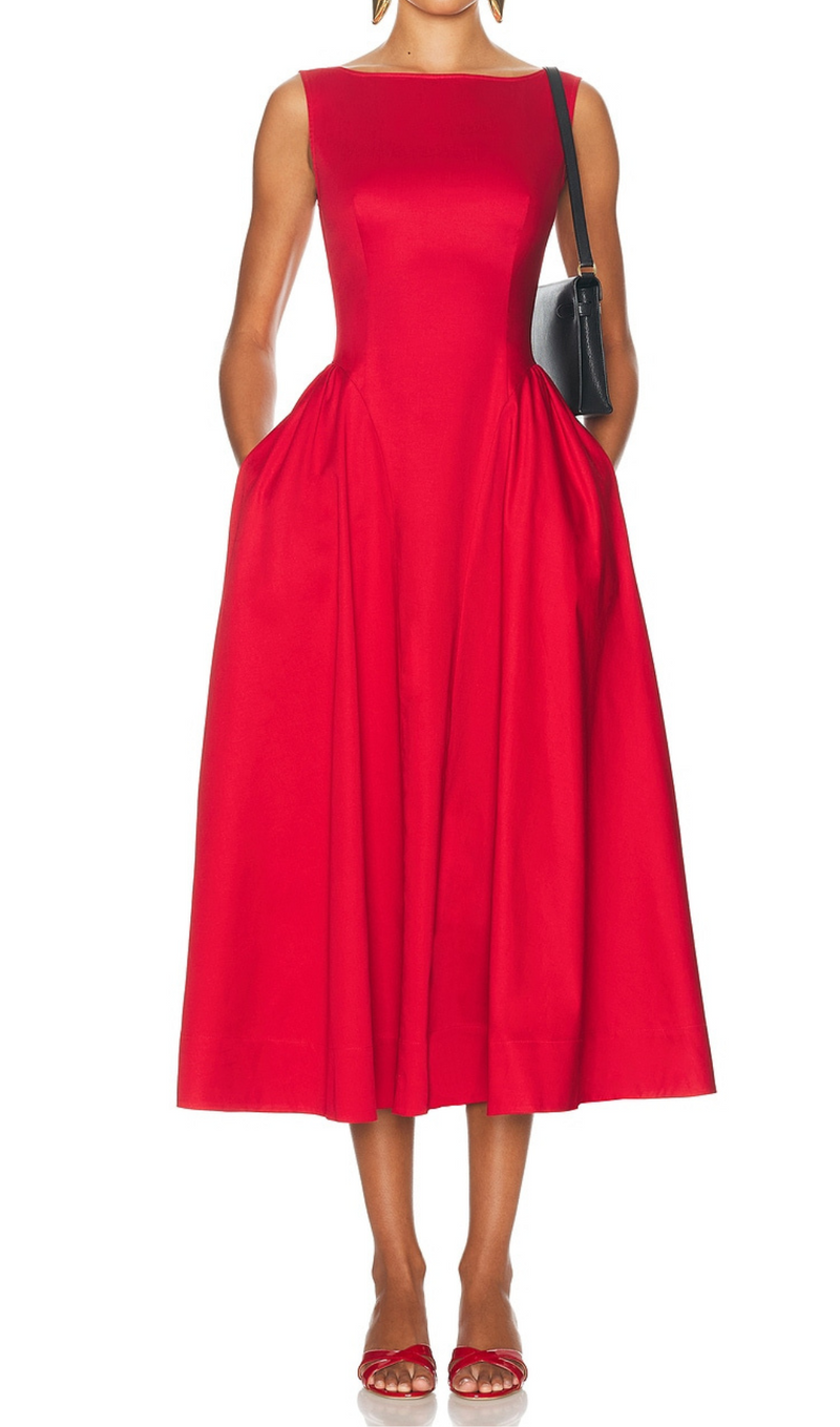 Stretch Cotton Sateen Midi Dress in red