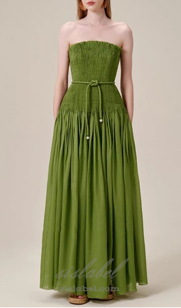 pleated belt chiffon strapless maxi dress in green