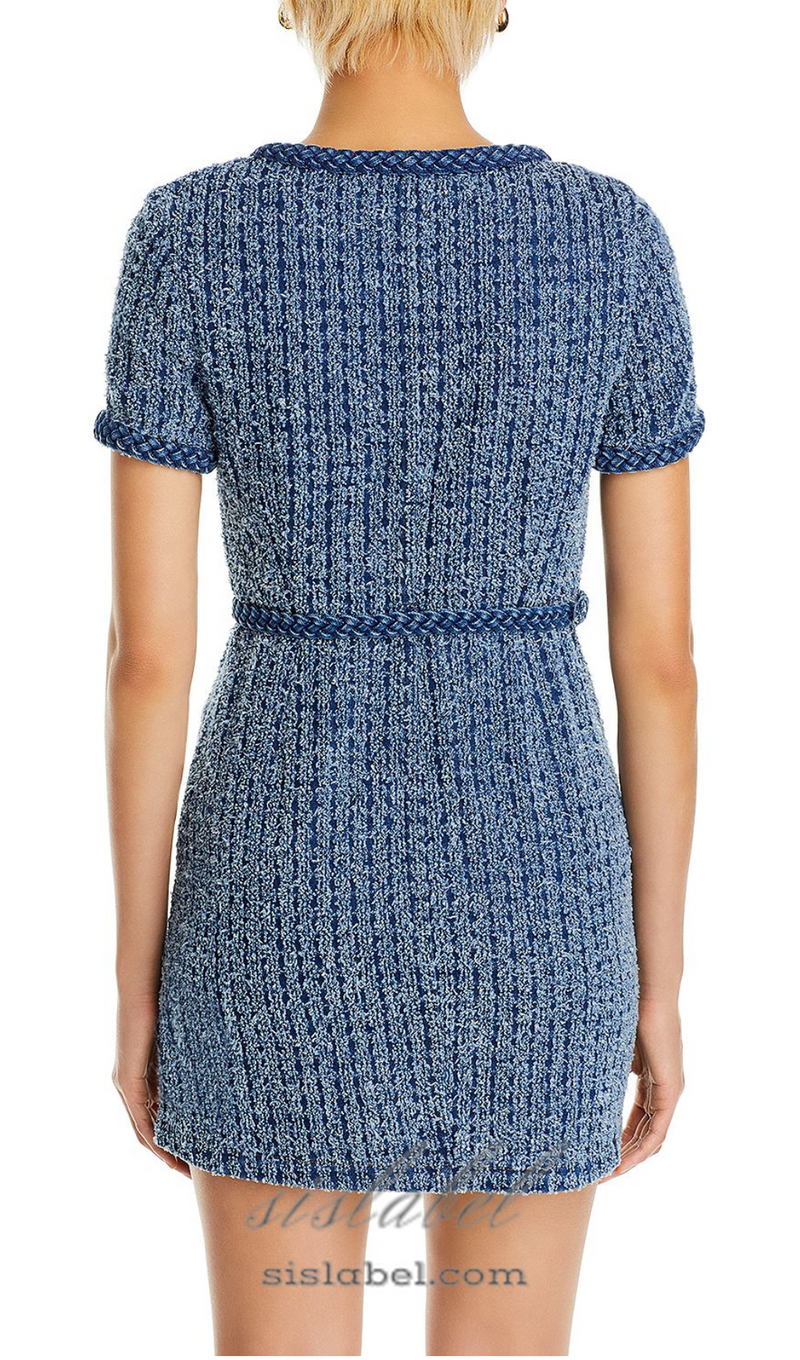 PATRICIA BRAIDED TRIM TEXTURED DRESS IN BLUE