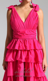 PLUNGE V RUFFLE TIERED SLIT GOWN IN PINK