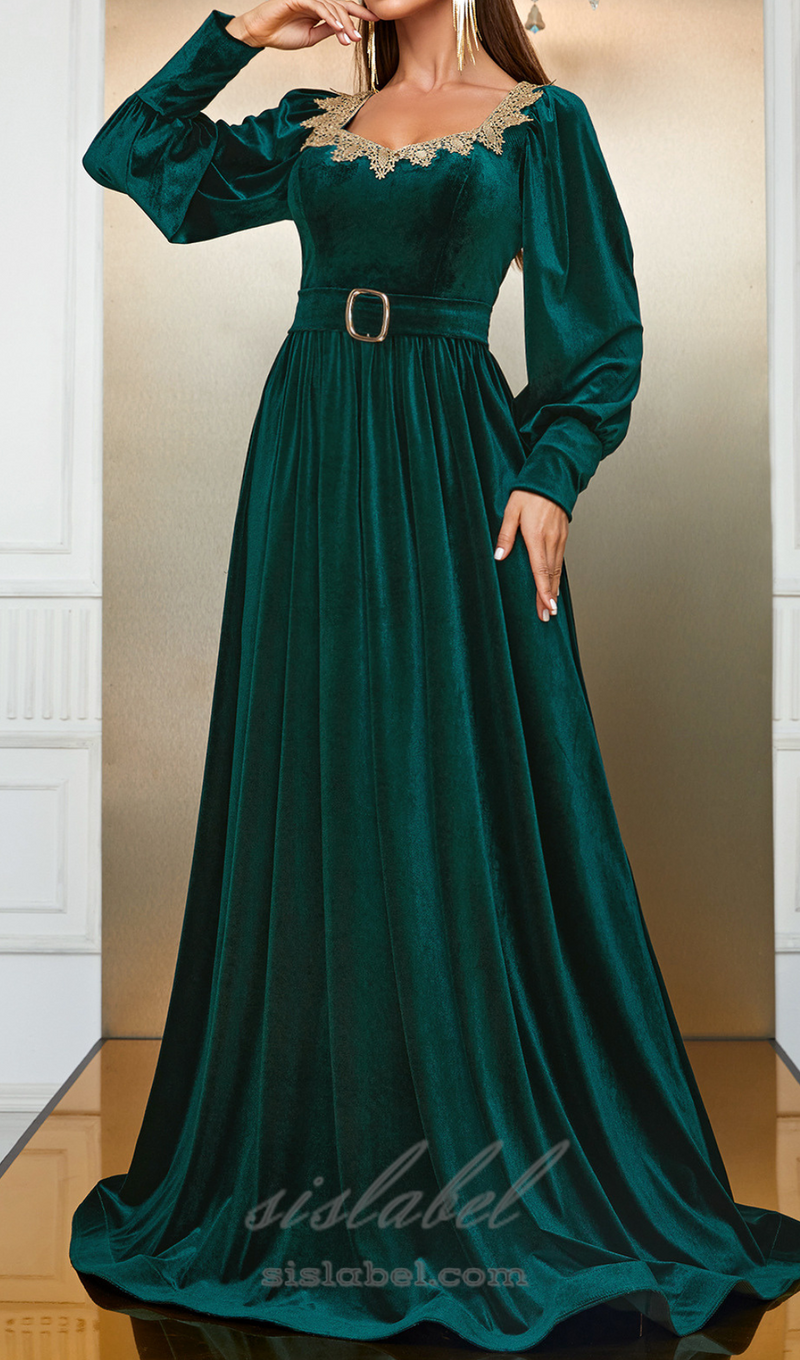 ATHENA VELVET LANTERN SLEEVE MAXI DRESS IN DARK GREEN