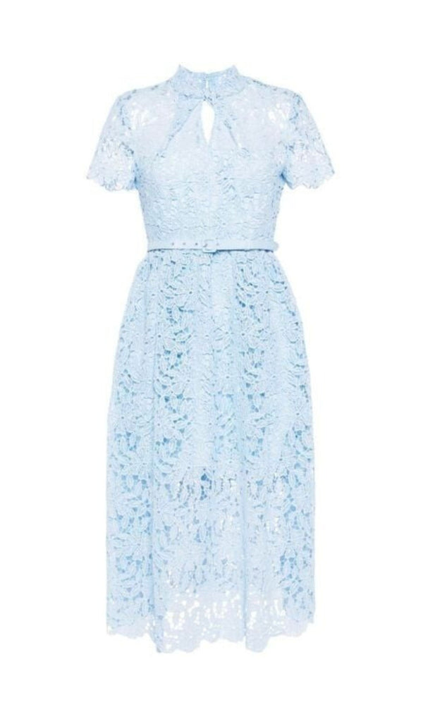 ROBE MIDI LIGNE A DENTELLE GUIPURE BLEUE 