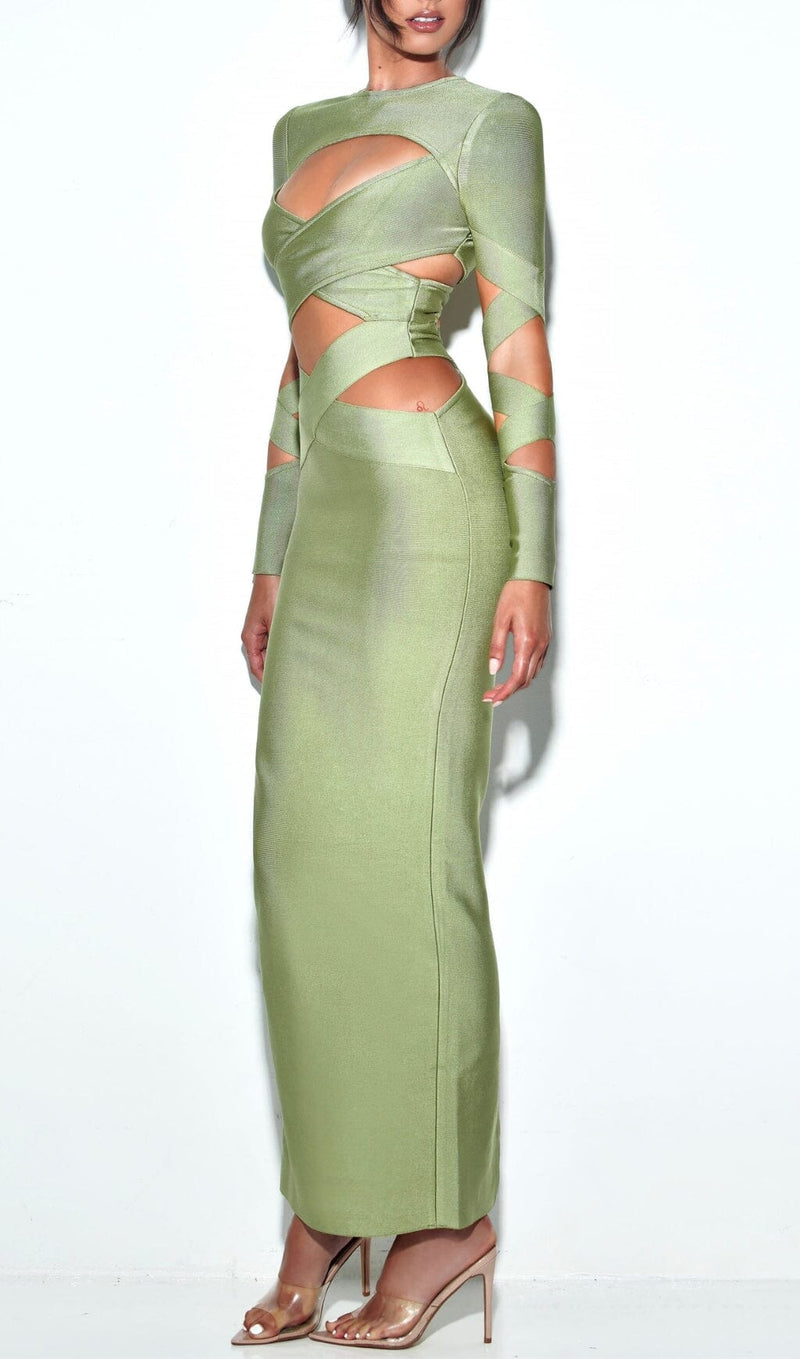 MAXI LONG SLEEVE BANDAGE DRESS IN GREEN