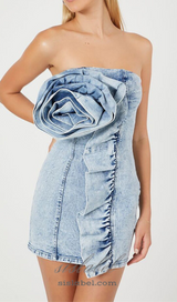 ALISON BLUE RUFFLED TRIM STRAPLESS DENIM MINI DRESS