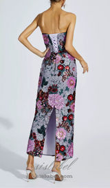 ANGELA MULTICOLOR FLOWER SEQUINS RUFFLED SHOULDER MIDI DRESS