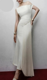 Ivory cream ruched draped Asymmetric maxi dress