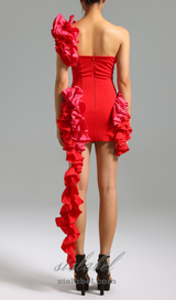 RUFFLES ONE SHOULDER STRIPS MINI DRESS IN RED