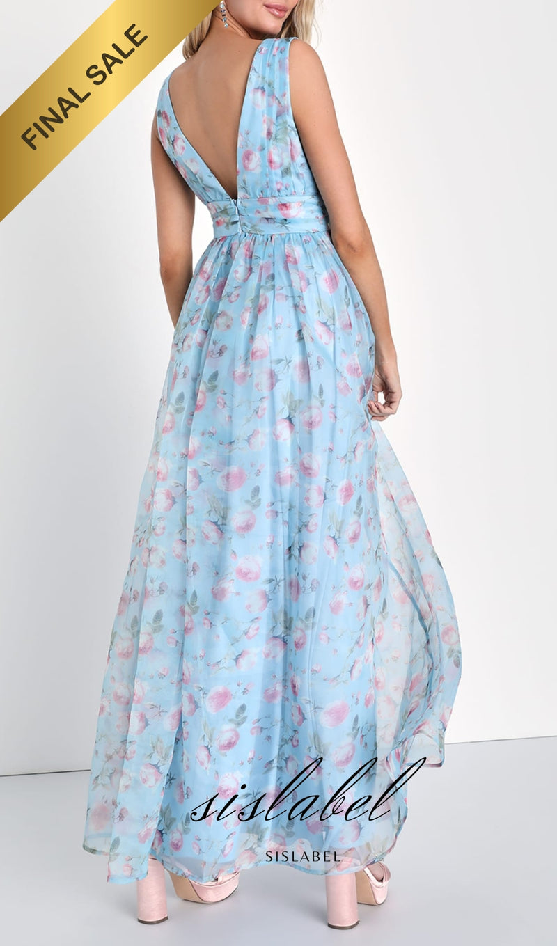 Garden Romance Light Blue Floral Print Organza Maxi Dress