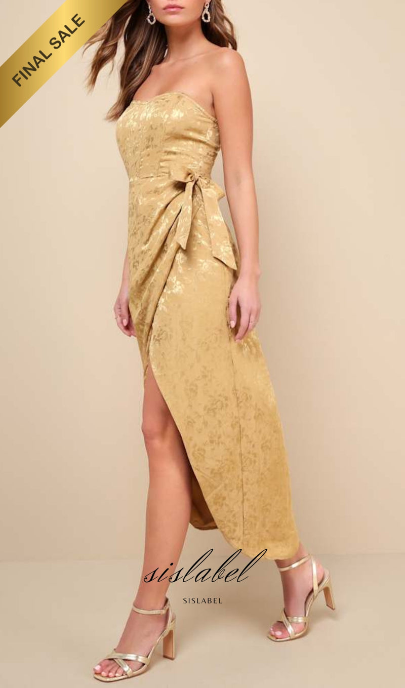 Gold Satin Jacquard Strapless Bustier Midi Dress