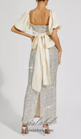 MARIA APRICOT BOW SEQUINS EMBELLISHED MAXI DRESS