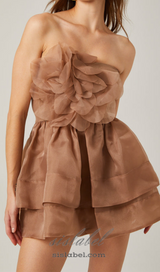 ALISA FLOWER TULLE STRAPLESS MINI DRESS IN BROWN