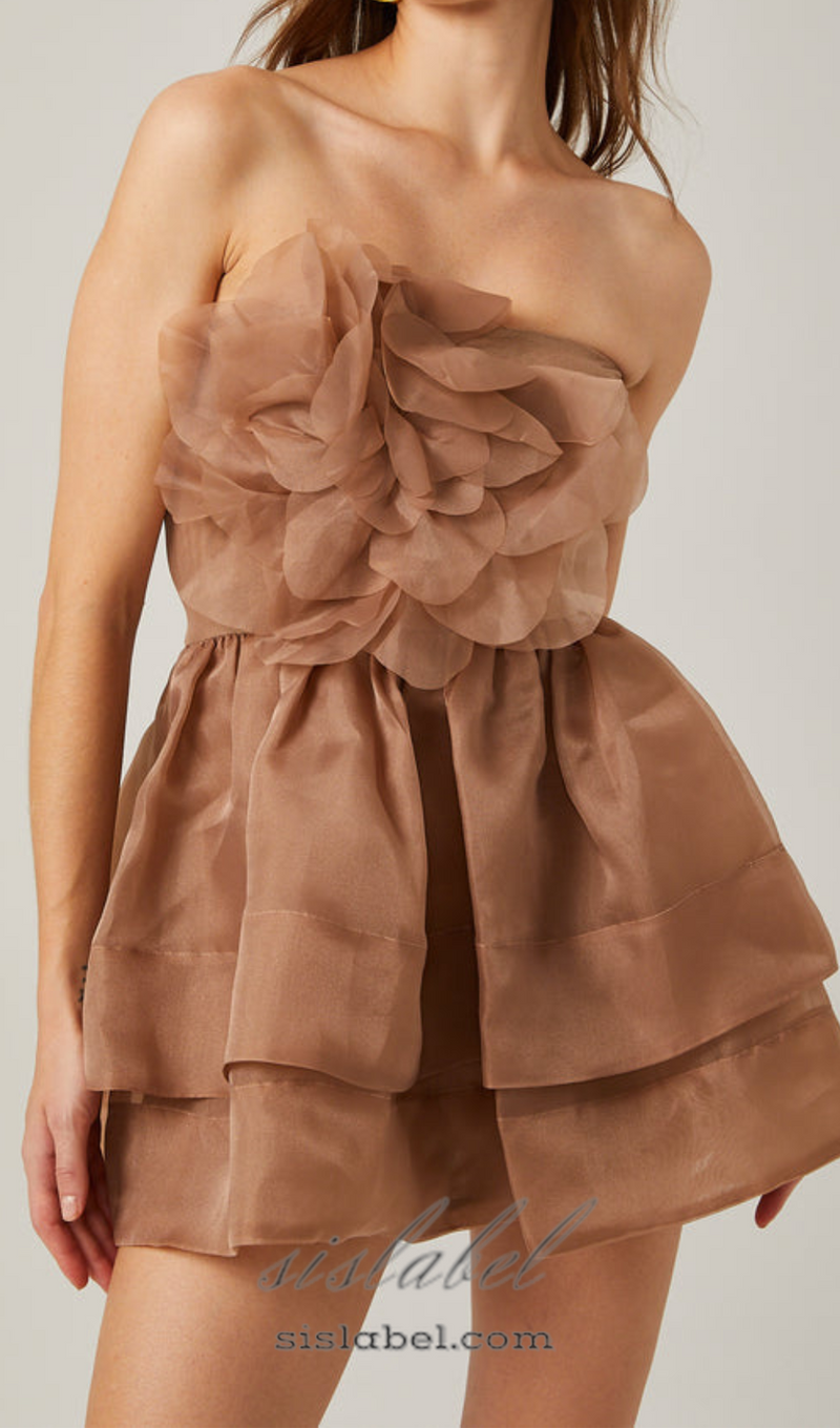 ALISA FLOWER TULLE STRAPLESS MINI DRESS IN BROWN