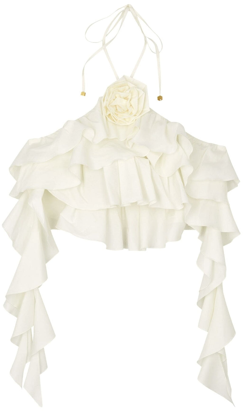 RUFFLE-DETAIL HALTER CROP TOP IN WHITE - STYLE OF CB - FREE SHIPPING DRESS