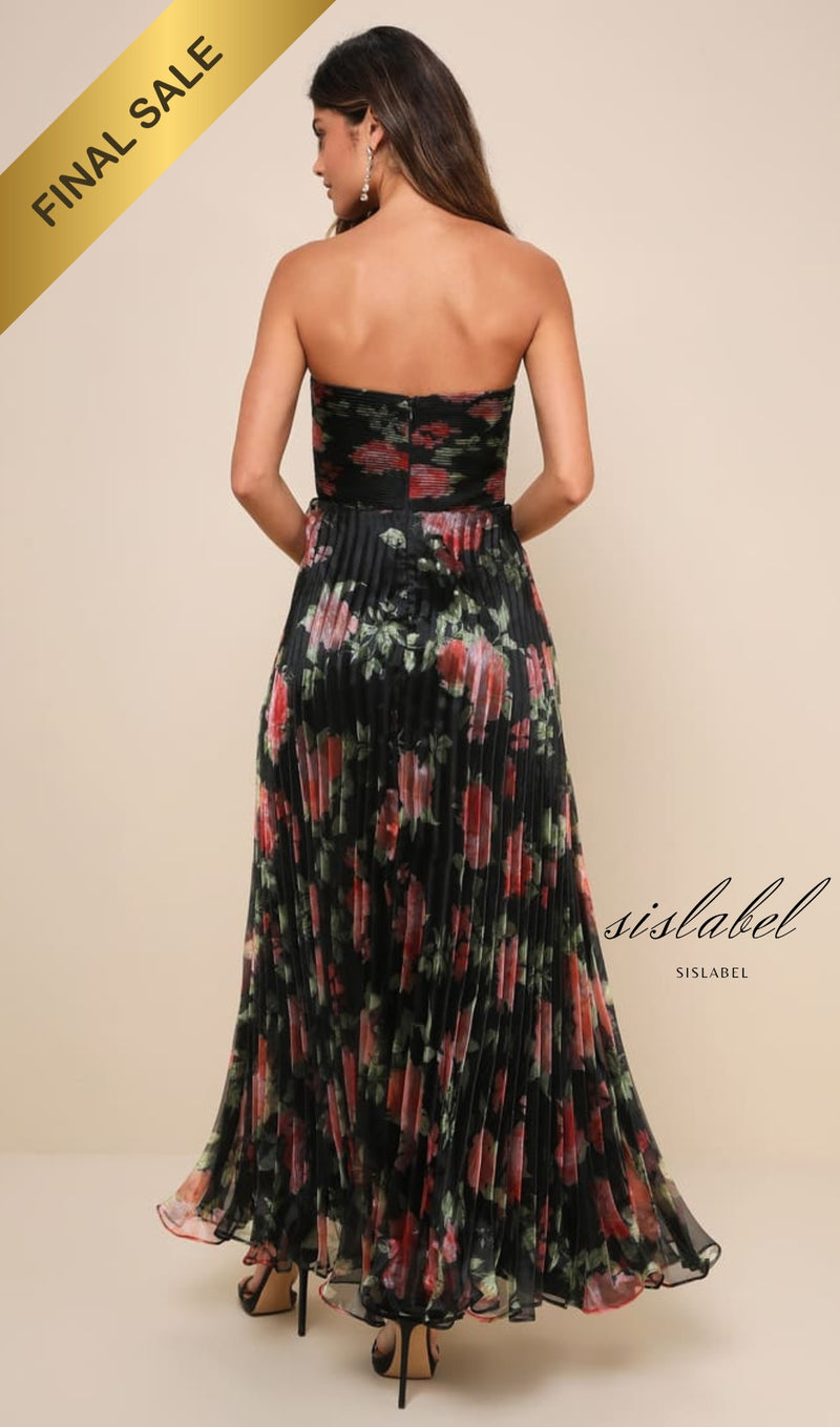 Black Floral Pleated Organza Maxi Dress