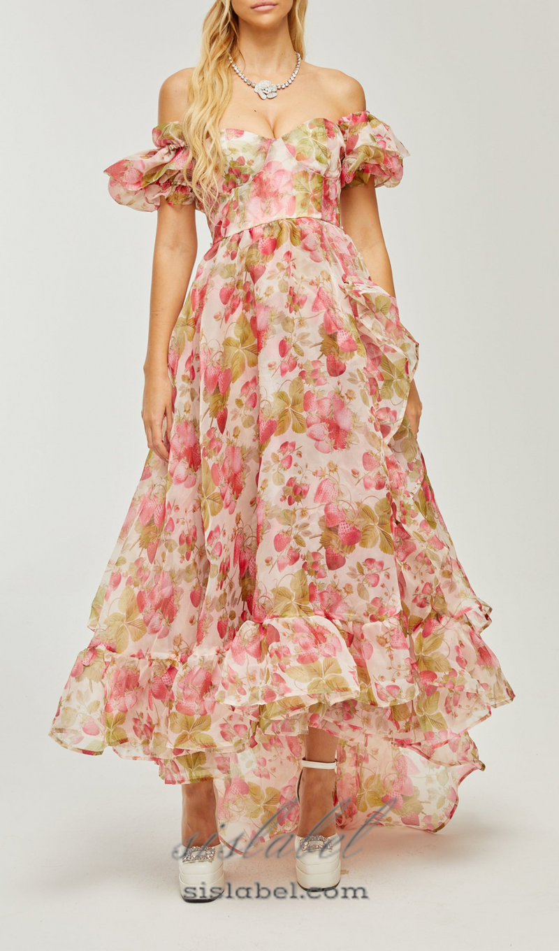 FRUIT-PRINT RUFFLED MAXI DRESS IN PINK