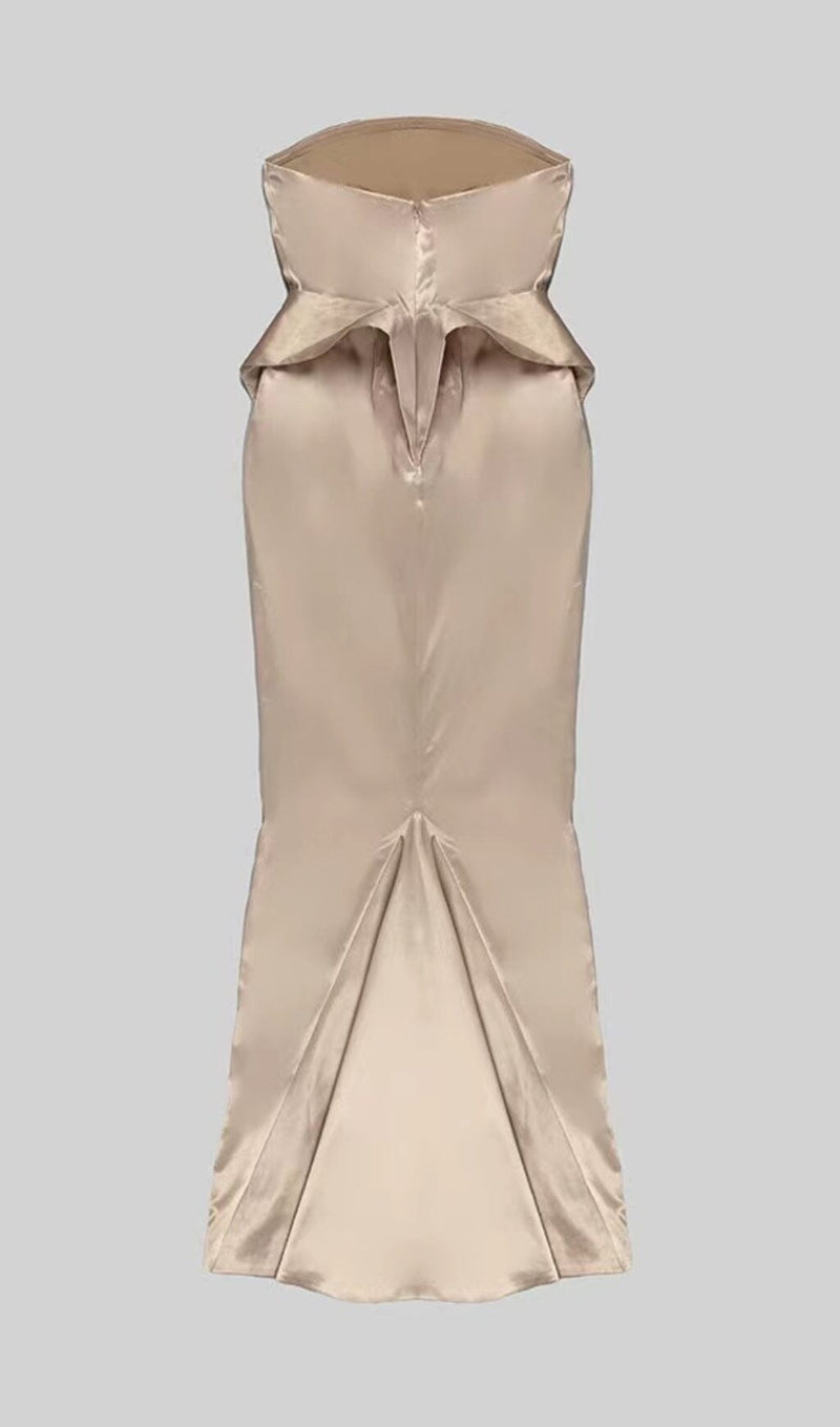 SATIN STRAPLESS MERMAID MAXI DRESS IN BEIGE