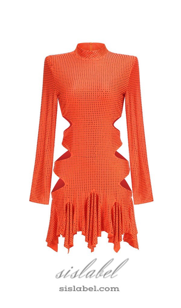 IRENE RHINESTONES EMBELLLISHED MINI DRESS IN ORANGE