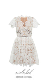 WHITE FLORAL GUIPURE MINI DRESS