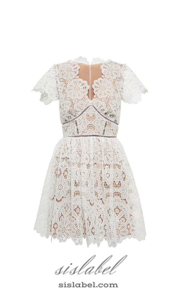 WHITE FLORAL GUIPURE MINI DRESS