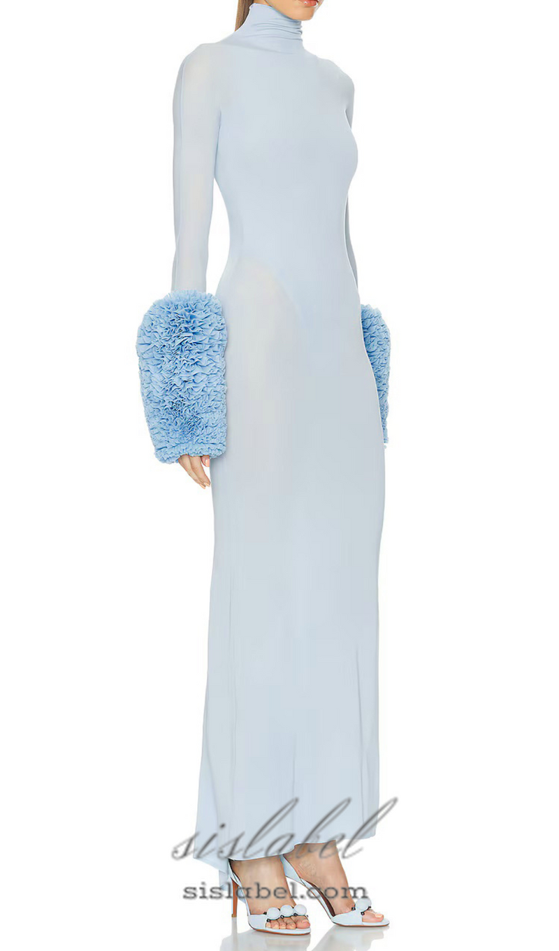 MICHELLE RUFFLED TURTLENECK MAXI DRESS IN PALE BLUE