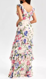 PRISCILLA MULTICOLOR OFF SHOULDER PRINT LAYERED MAXI DRESS