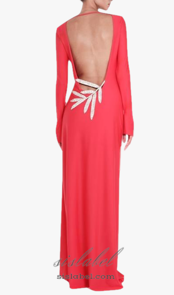 Candice long sleeve backless maxi Dress in red