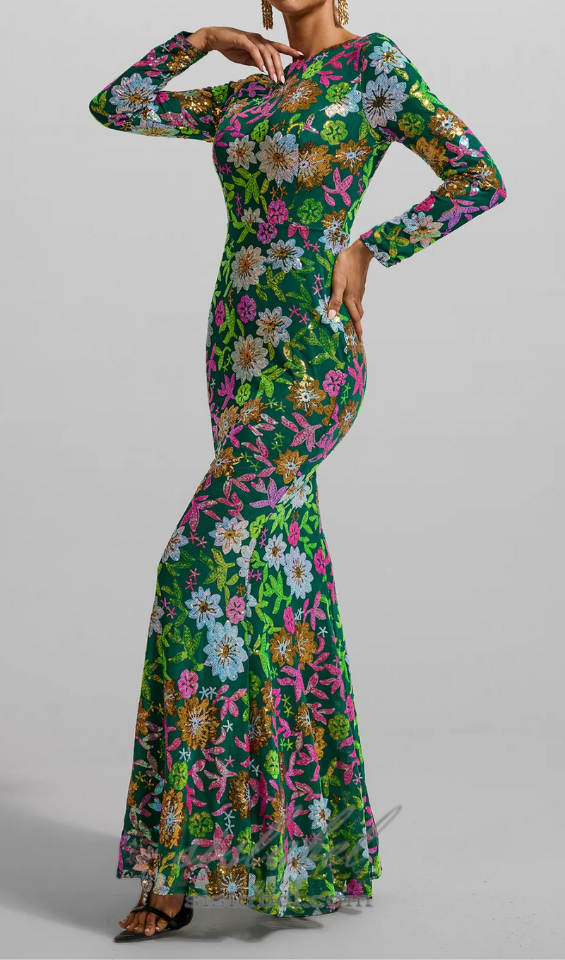 Sequin Round Neck Long Sleeve Maxi Dress in Green