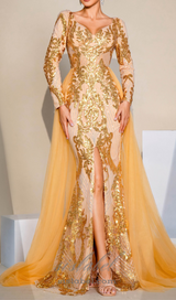 Long Sleeve Split Gold Sequin maxi Dress