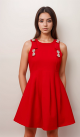 Louisa red bow sleeveless pleated mini dress