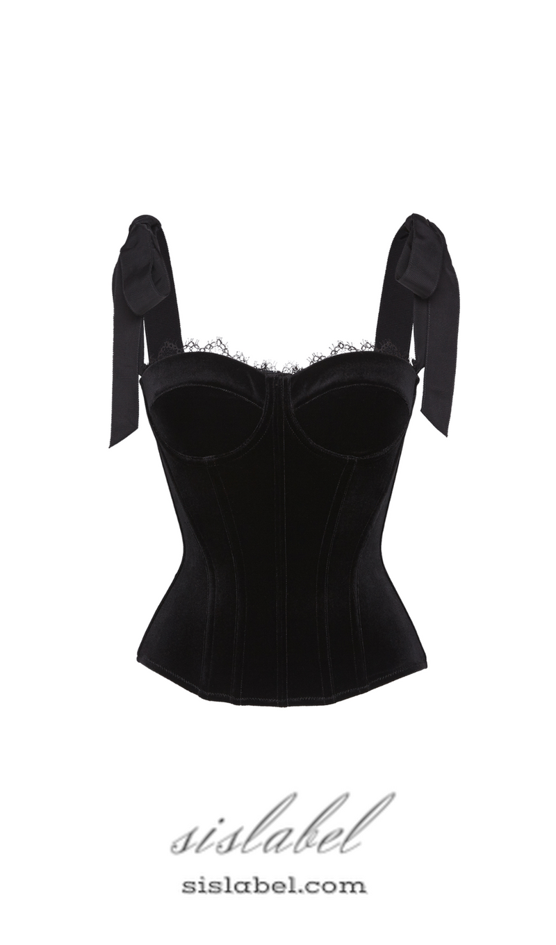 CORA BLACK VELVET BUSTIER CORSET GROSGRAIN MINI DRESS SUIT