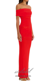 SHERRY OFF-SHOULDER TULLE BANDAGE MAXI DRESS IN RED