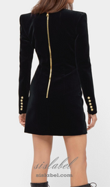 HEDDA BLACK VELVET V-NECK METAL BUTTON MINI DRESS