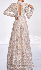 Long Sleeve Lace Back Sequin maxi Dress in gold