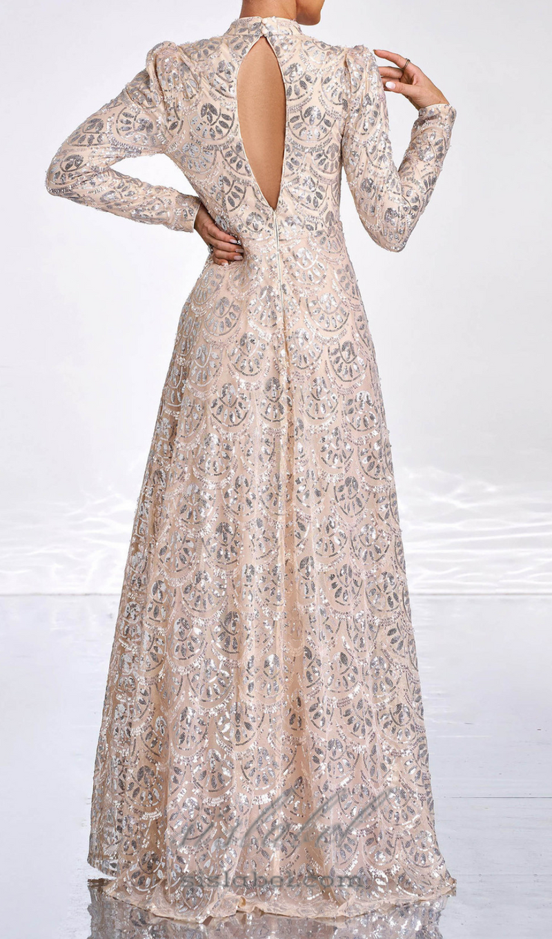 Long Sleeve Lace Back Sequin maxi Dress in gold