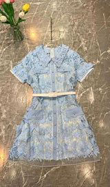 A-LINE FLORAL EMBROIDERY MINI DRESS IN BLUE