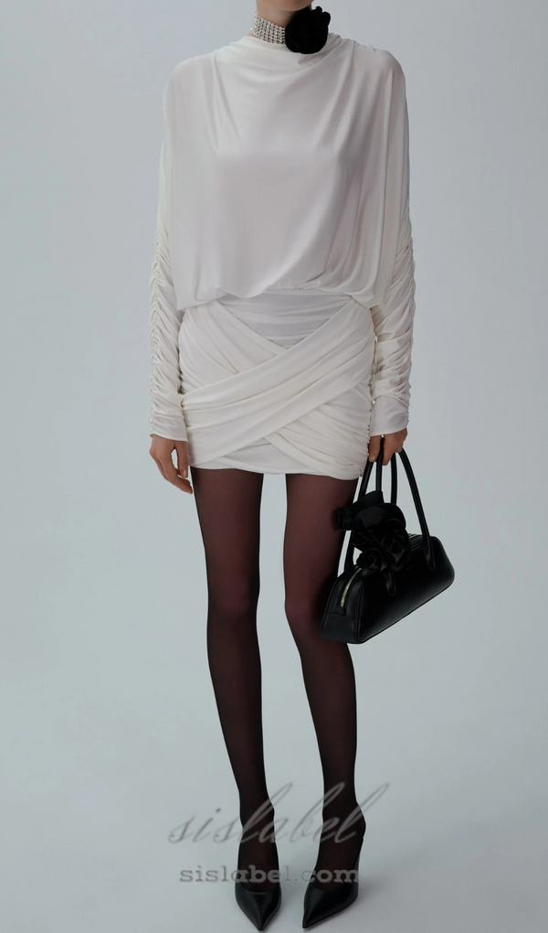 Long-sleeve jersey mini dress in cream