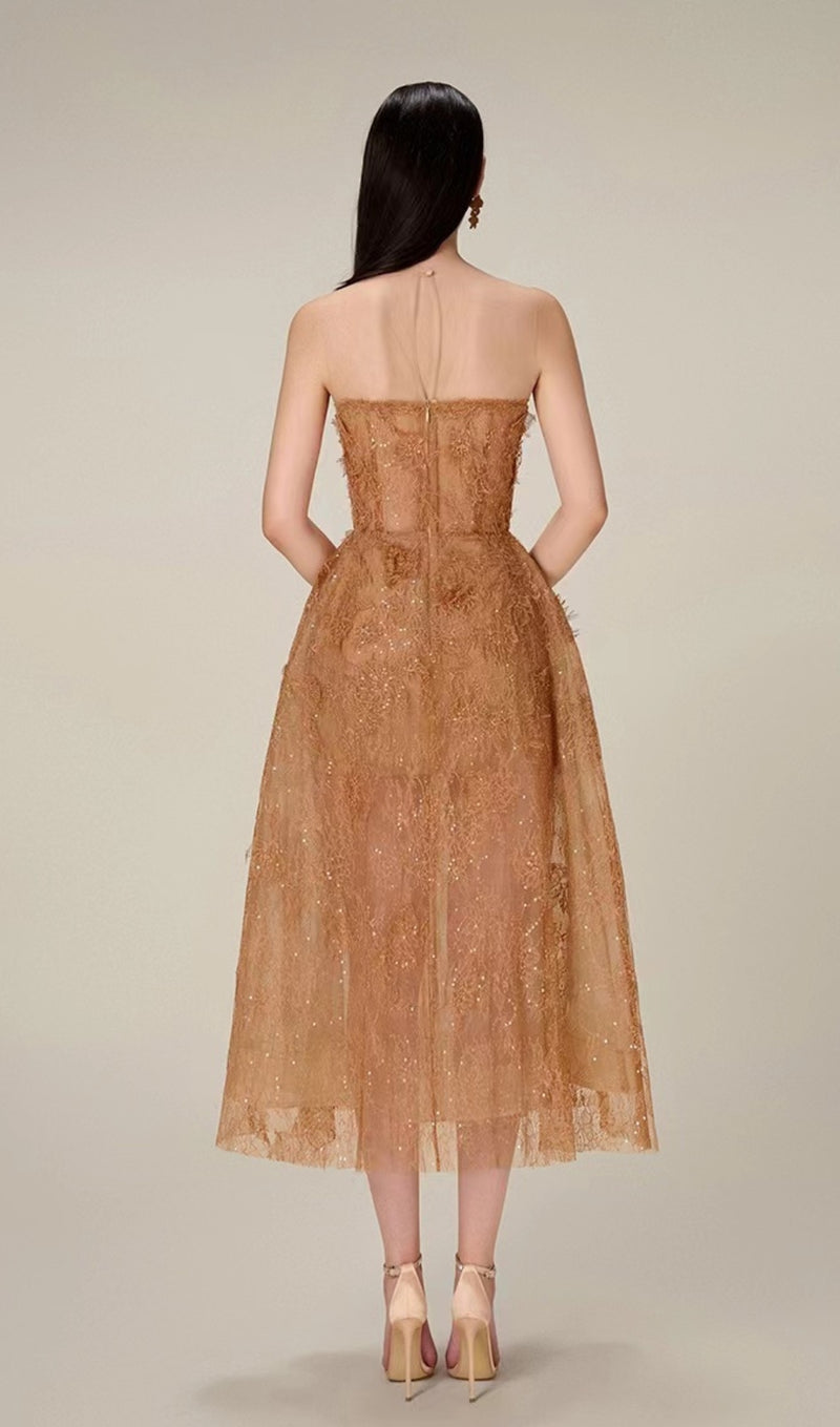 CARAMEL FLORAL LACE EMBROIDER MIDI DRESS