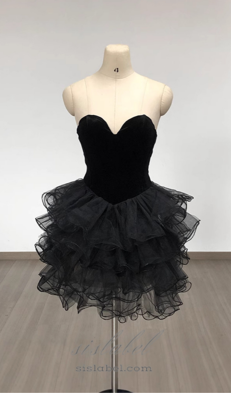 strapless ruffled organza corset mini dress in black