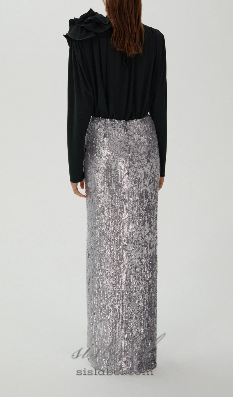 ELVIRA FLORAL-APPLIQUÉ SEQUINED MAXI SKIRT IN SLIVER