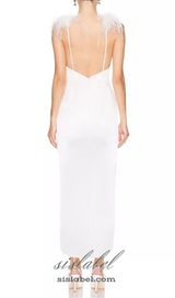 SIBYL FEATHER SLEEVELESS MIDI DRESS IN WHITE