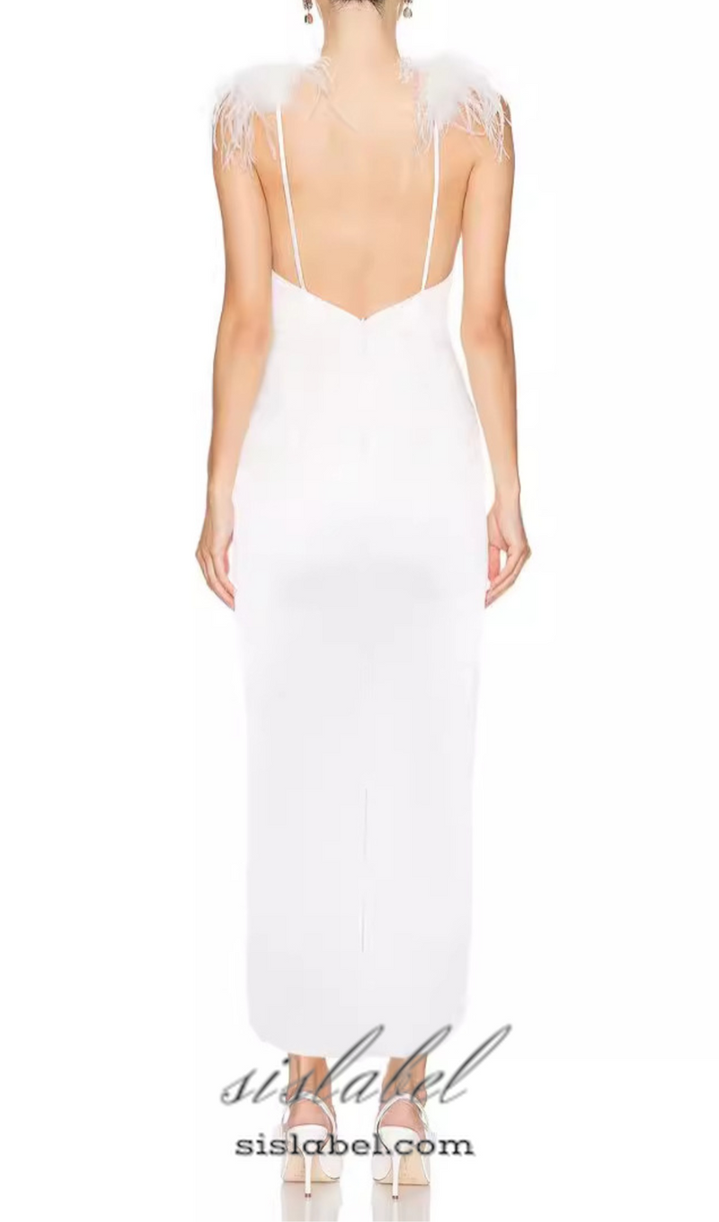 SIBYL FEATHER SLEEVELESS MIDI DRESS IN WHITE