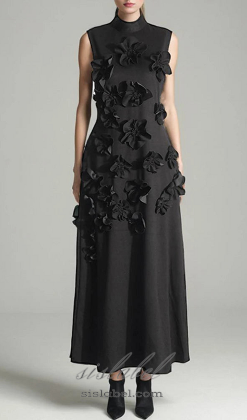 ANNONA BLACK FLOWER EMBELLISHED MAXI DRESS